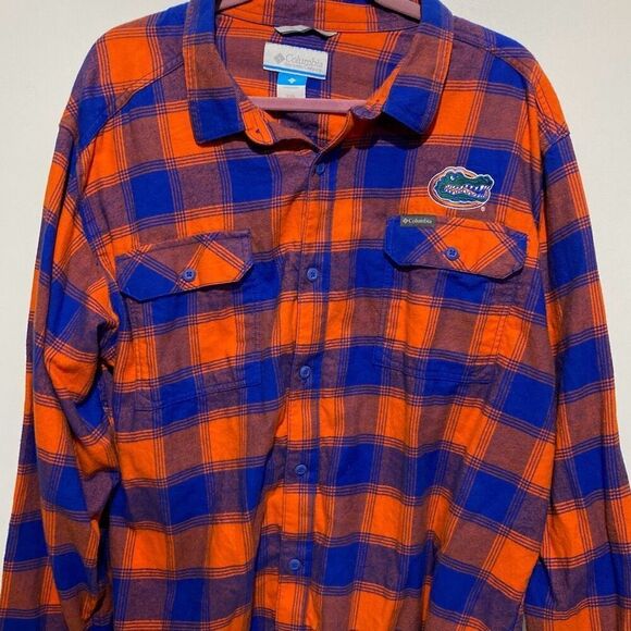 Columbia Men's Orange Blue Plaid CLG Flare Gun Flannel Button-Up Shirt Size 2XL - Picture 1 of 11